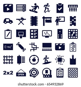 Board icons set. set of 36 board filled icons such as wooden wall, ironing table, direction board, arrow up, movie clapper, medical clipboard, checklist, board game, clipboard