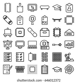 Board icons set. set of 36 board outline icons such as board, graduation cap, digging man, arrow up, check list, medical clipboard, clipboard, checklist, chip, open plate