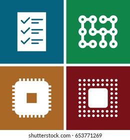 Board icons set. set of 4 board filled icons such as chip, checklist, electric circuit