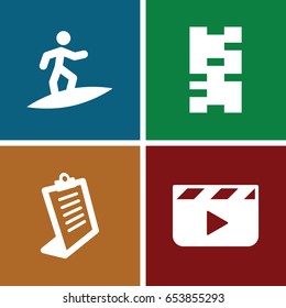 Board icons set. set of 4 board filled icons such as clipboard, surfing, clapper board