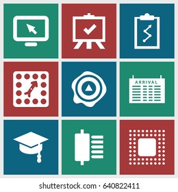 Board icons set. set of 9 board filled icons such as arrival table, board, arrow up, chip, display pointer, arrows up