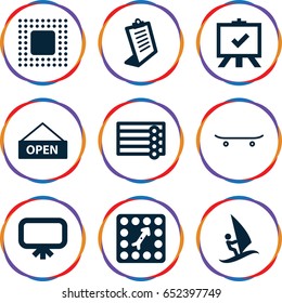 Board icons set. set of 9 board filled icons such as wooden wall, board, clipboard, chip, open plate