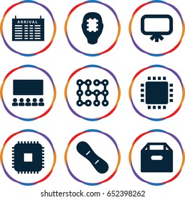 Board icons set. set of 9 board filled icons such as arrival table, cpu, electric circuit, classroom, cpu, cpu in head