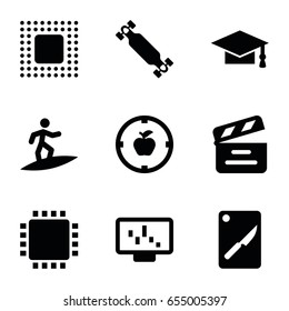 Board icons set. set of 9 board filled icons such as graduation cap, movie clapper, chip, surfing, cpu, apple target