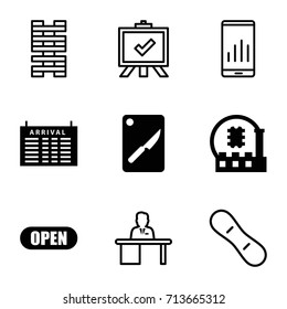 Board icons set. set of 9 board filled and outline icons such as arrival table, open, cpu, man working at the table, graph on display