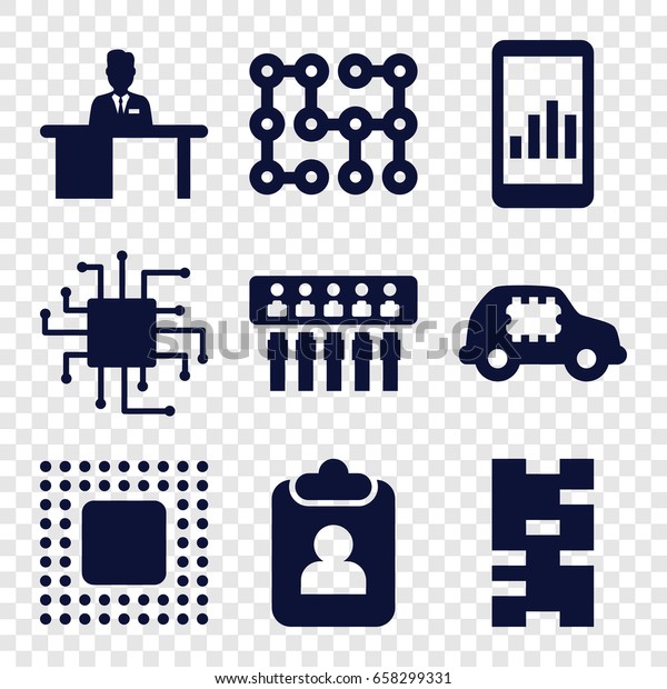 Board icons set. set of 9 board filled\
icons such as man working at the table, chip, electric circuit, cpu\
in car, cpu, domino, graph on display,\
clipboard