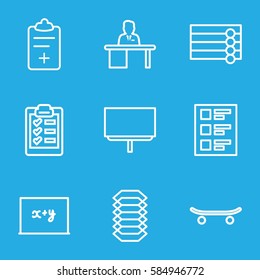 board icons set. Set of 9 board outline icons such as wooden wall, board, medical clipboard, checklist, man working at the table, clipboard, electric circuit, skateboard