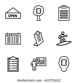 Board icons set. set of 9 board outline icons such as arrival table, clipboard, teacher, open plate, surfing, CPU in tree, CPU in head, check list