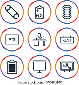 Board icons set. set of 9 board outline icons such as clipboard, board, man working at the table, rent tag, electric circuit, graph on display