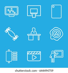 Board icons set. set of 9 board outline icons such as arrow up, man working at the table, basketball basket, teacher, graph on display