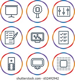 Board icons set. set of 9 board outline icons such as board, check list, sliders, chip, checklist, cpu in tree, graph on display