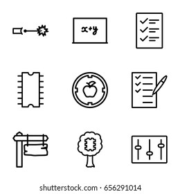 Board icons set. set of 9 board outline icons such as direction board, check list, sliders, cpu, checklist, electric circuit, blackboard x+y, cpu in tree