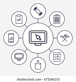 Board icons set. set of 9 board outline icons such as ironing table, checklist, graph on display, check list