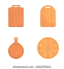 Board icons set cartoon vector. Wooden cutting board of different shape. Kitchen utensils