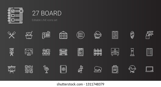 board icons set. Collection of board with clipboard, stapler, wooden, agenda, dart board, cpu, presentation, surfboard, fence, checklist, draw. Editable and scalable icons.