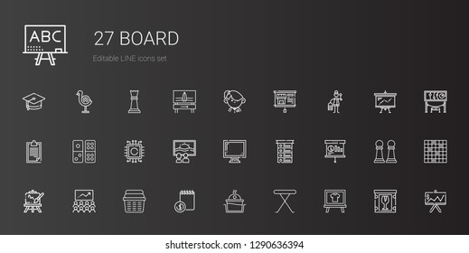 board icons set. Collection of board with iron table, laundry, agenda, class, easel, presentation, list, display, canvas, cpu, domino, clipboard. Editable and scalable board icons.