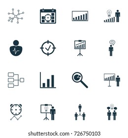 Board Icons Set. Collection Of Personal Character, Company Statistics, Report Demonstration And Other Elements. Also Includes Symbols Such As Timeout, Research, Person.
