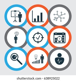 Board Icons Set. Collection Of Planning, Project Targets, Approved Target And Other Elements. Also Includes Symbols Such As Chracater, Idea, Trait.