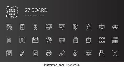 board icons set. Collection of board with presentation, easel, eraser, teacher, tasks, wooden, cpu, sticky note, clipboard, blackboard, dart board. Editable and scalable board icons.