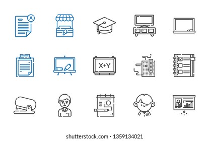 board icons set. Collection of board with presentation, student, draw, stapler, checklist, motherboard, blackboard, clipboard, stand, mortarboard. Editable and scalable board icons.