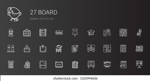 board icons set. Collection of board with presentation, list, toga, clipboard, tic tac toe, surfboard, exam, easel, sticky note, laundry, pawn. Editable and scalable board icons.