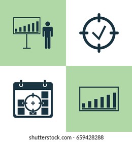 Board Icons Set. Collection Of Project Presentation, Project Targets, Company Statistics And Other Elements. Also Includes Symbols Such As Presentation, Success, Statistic.