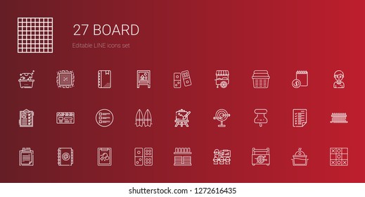 board icons set. Collection of board with sewing box, presentation, crockery, domino, tasks, agenda, clipboard, pushpin, dart board, easel. Editable and scalable board icons.