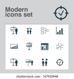 Board icons set with team meeting, approved target, company statistics and other report demonstration elements. Isolated vector illustration board icons.