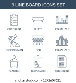 board icons. Trendy 9 board icons. Contain icons such as checklist, skate, equalizer, digging man, spu, teacher, clipboard. board icon for web and mobile.