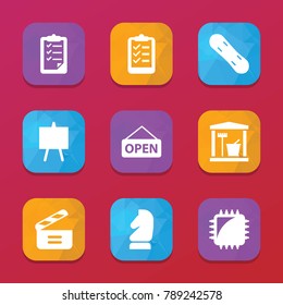 Board icons. vector collection filled board icons set.. includes symbols such as chip tuning, laundry room, list, horse chess. use for web, mobile and ui design.
