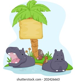 Ilustración de tablero con un par de hipopótamos con pájaros descansando en sus cubos