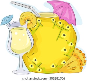 Board Illustration Featuring a Pineapple Drink Standing Beside a Hollow Pineapple Decorated with a Pink Cocktail Umbrella