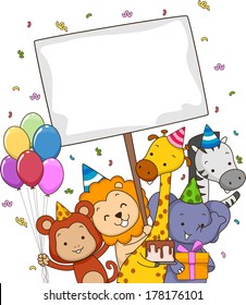 Board Illustration Featuring Safari Animals Carrying Different Party Supplies