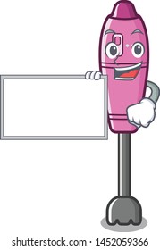 With board immersion mascot blender on kitchen table