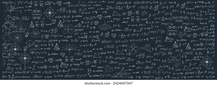 Board inscribed with scientific formulas and calculations in physics and mathematics. Science and education background.