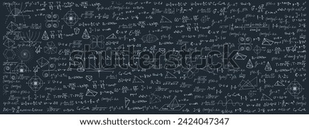 Board inscribed with scientific formulas and calculations in physics and mathematics. Science and education background.