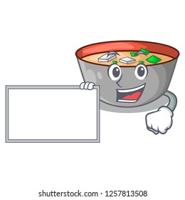With board japanese miso soup in cartoon bowl