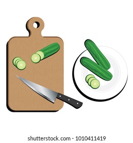 Board With kitchen knife And Cucumber on white background.