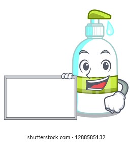 With board liquid soap in the character bottles