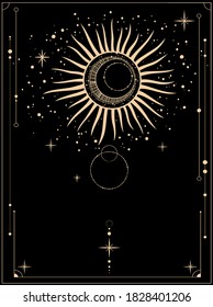 A board with a magical gold ornament. Sun and stars on black background