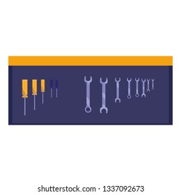 board with mechanic tools hanging