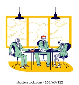 Board Meeting and Negotiation Concept. Business Leader Character and Skeletons Managers Sitting at Office Desk with Laptops Having Working Discussion. Workaholics at Job. Linear Vector Illustration