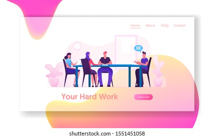 Board Meeting in Office Website Landing Page. Business Director and Employees Planing Start Up Project and Solve Finance Problems. Brainstorming Group Web Page Banner. Cartoon Flat Vector Illustration