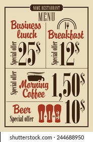 board menu for the restaurant with the prices for business lunches, breakfast and coffee