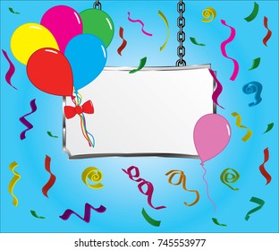 board in a metal frame hanging on chains with balloons and confetti, vector