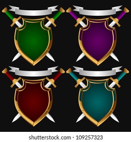 Board on a black background. Behind it two swords. Set.