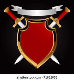 Board on a black background. Behind it two swords.