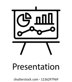 Board on stand showing pie and bar graph charts, iconography for presentation icon