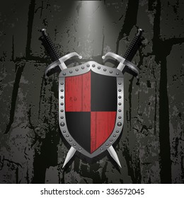 Board on a stone wall background behind it two swords eps 10