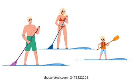 Vector de tabla de paddleboard. sup paddleboard, stand up, verano sunset board paddleboard personaje. personas ilustración de dibujos animados plana